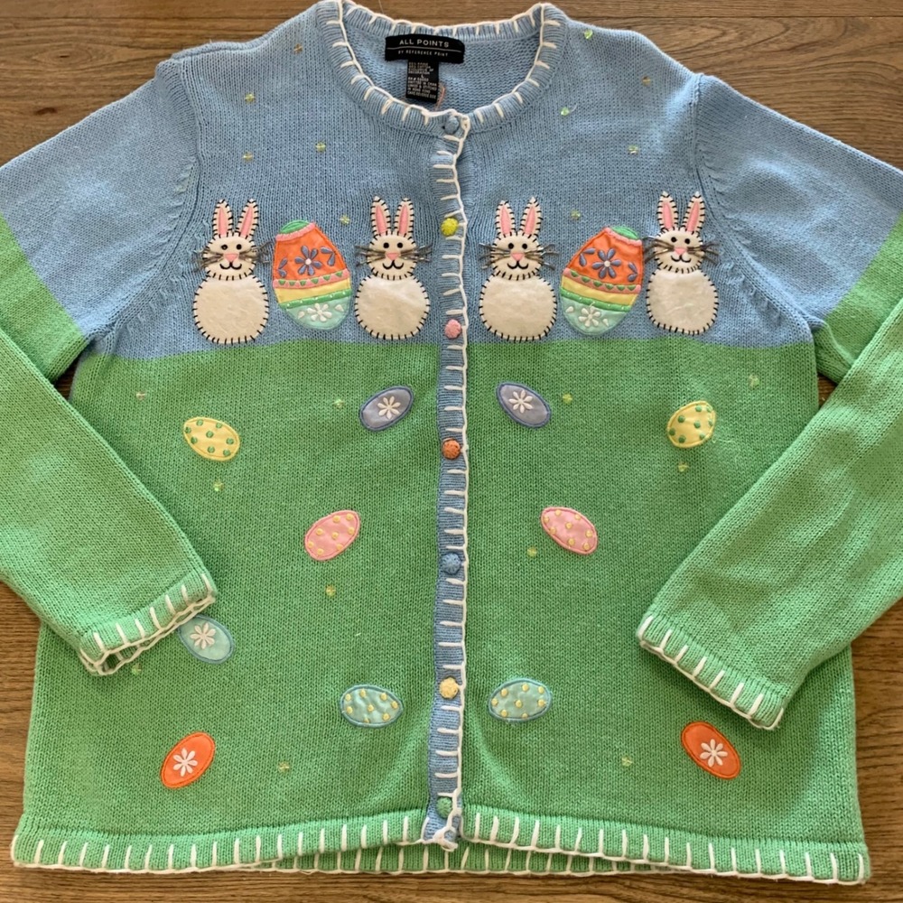 VTG All Points Easter Bunny Egg Cardigan Sweater Blue Green Womens Large Novelty